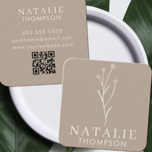 Boho Chic Minimalist Greige Flower QR Code Square Business Card