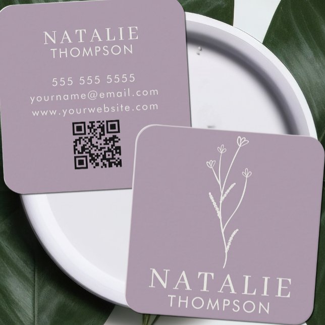 Boho Chic Minimalist Lilac Lavender Flower QR Code Square Business Card (Creator Uploaded)