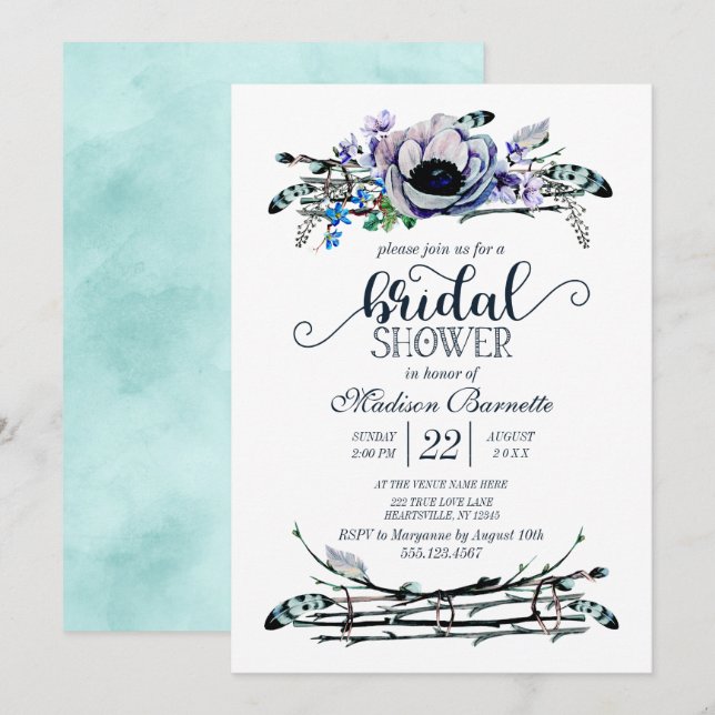 Boho Chic Mint & Navy Bridal Shower Invitation (Front/Back)