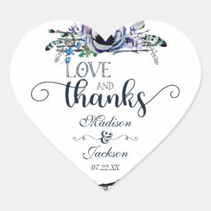 Boho Chic Mint & Navy Floral Love & Thanks Favour Heart Sticker