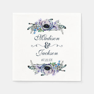 Boho Chic Mint & Navy Floral Monogram Wedding Napkin