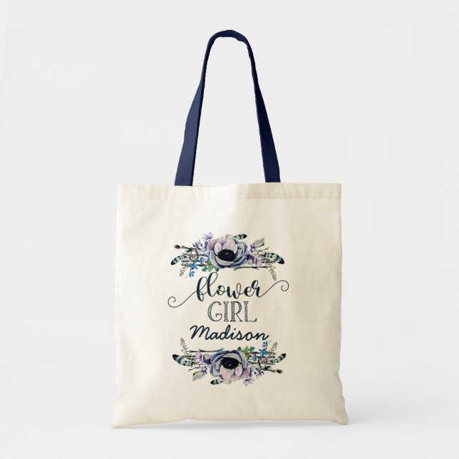 Boho Chic Mint & Navy Floral Wedding Flower Girl Tote Bag (Front)