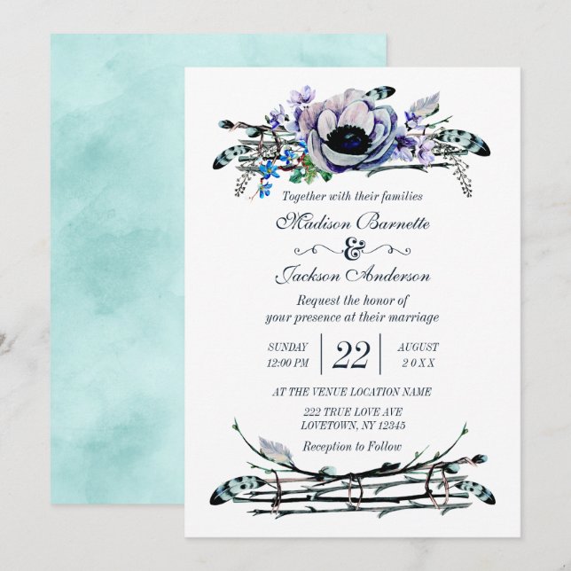 Boho Chic Mint & Navy Floral Wedding Invitation (Front/Back)