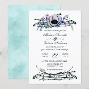 Boho Chic Mint & Navy Floral Wedding Invitation