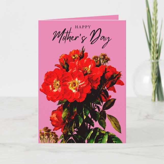 Boho Chic Mothers Day Red Roses Bouquet Blush Pink Card (Front)