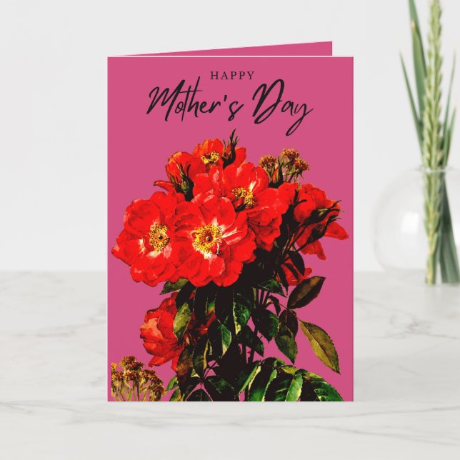 Boho Chic Mother's Day Red Roses Bouquet Magenta Card (Front)