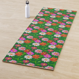 Boho Chic Multicolor Flowers with Leaves on Green Yoga Mat