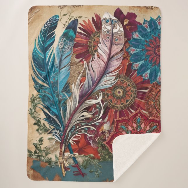 Boho Chic Mysterious Mandala Feather Sherpa Blanket (Front)