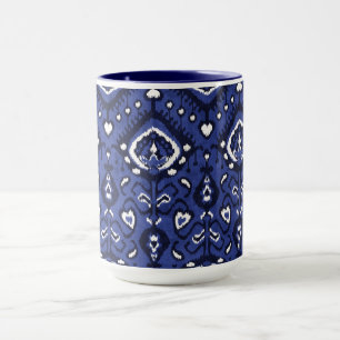 Boho chic navy blue and white ikat tribal patterns mug