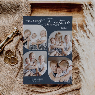 Boho Chic Navy Blue Family Multi Photo Christmas Holiday Card