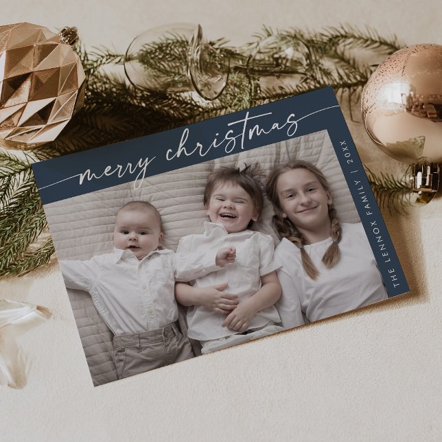 Boho Chic Navy Blue Photo Fun Family Christmas Holiday Card (Creator Uploaded)