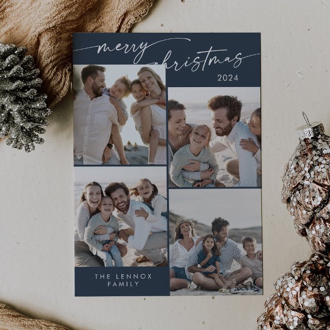 Boho Chic Navy Blue Xmas Photo Unique Christmas Holiday Card (Creator Uploaded)