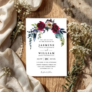 Boho Chic Navy Burgundy Floral QR Code Wedding Invitation