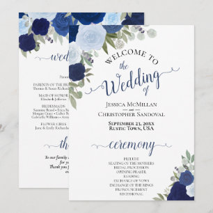 Boho Chic Navy & Dusty Blue Roses Elegant Wedding Programme