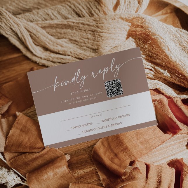 Boho Chic Neutral Taupe Mail In and QR Code RSVP Card (Creator Uploaded)