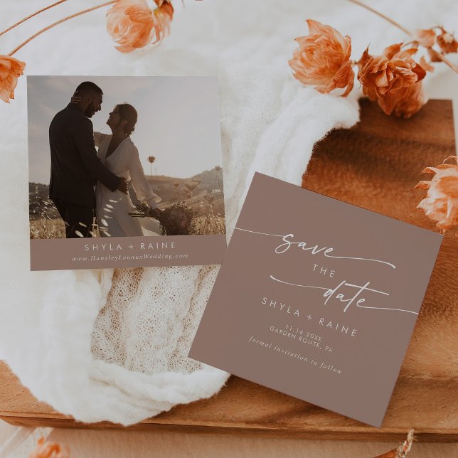 Boho Chic Neutral Taupe Square Photo Back Save The Date (Creator Uploaded)