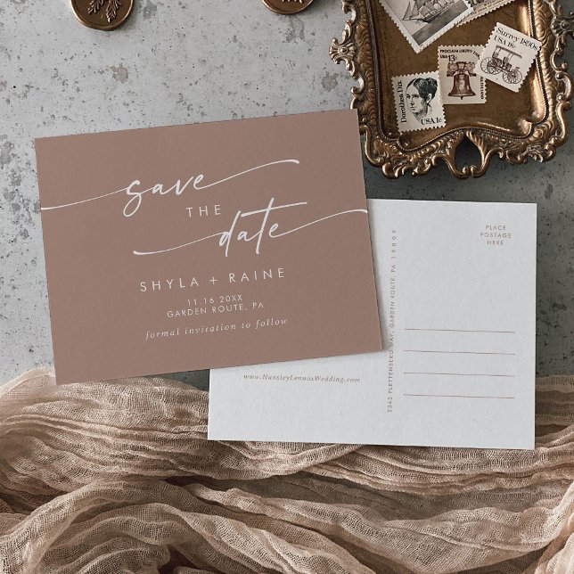 Boho Chic Neutral Taupe Wedding Save the Date Invitation Postcard (Creator Uploaded)
