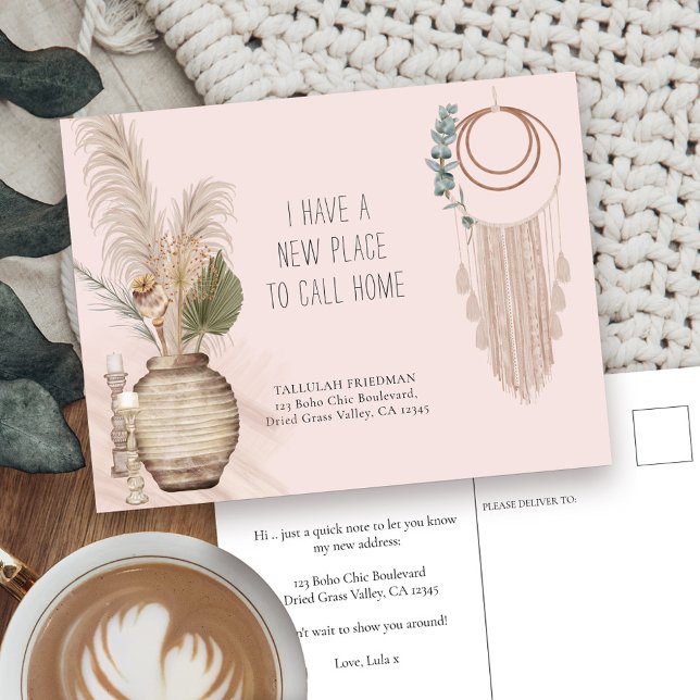 Boho Chic New Place to Call Home Moving Announcement Postcard (Boho moving announcement postcard with macrame wallhanging, pampas and dried palm)