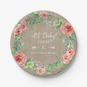 BOHO Chic Oh Baby Girl Shower Wood Watercolor Paper Plate