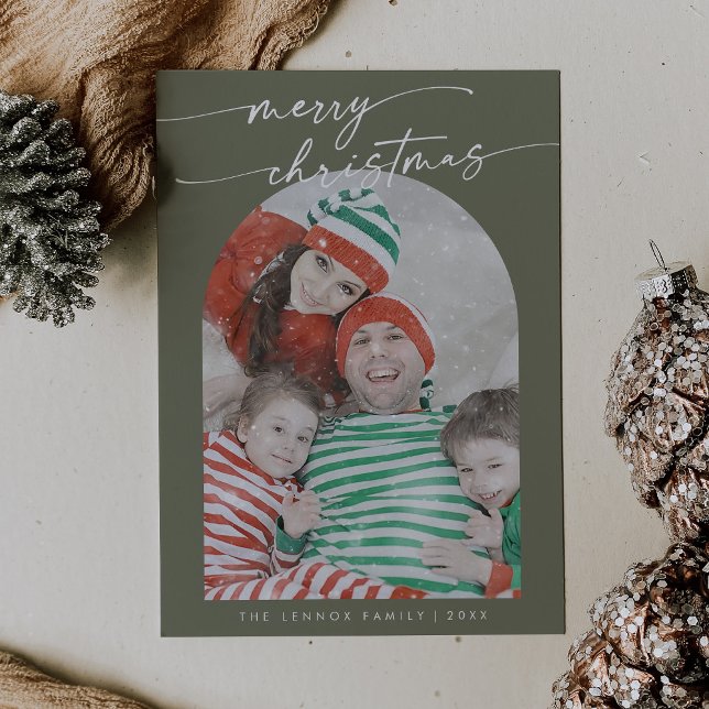 Boho Chic Olive Green Fun Family Photo Christmas Holiday Card (Creator Uploaded)