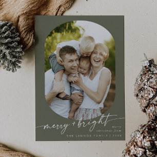 Boho Chic Olive Green Merry Bright Photo Christmas Holiday Card