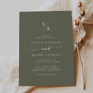 Boho Chic Olive Green Monogram Wedding Invitation