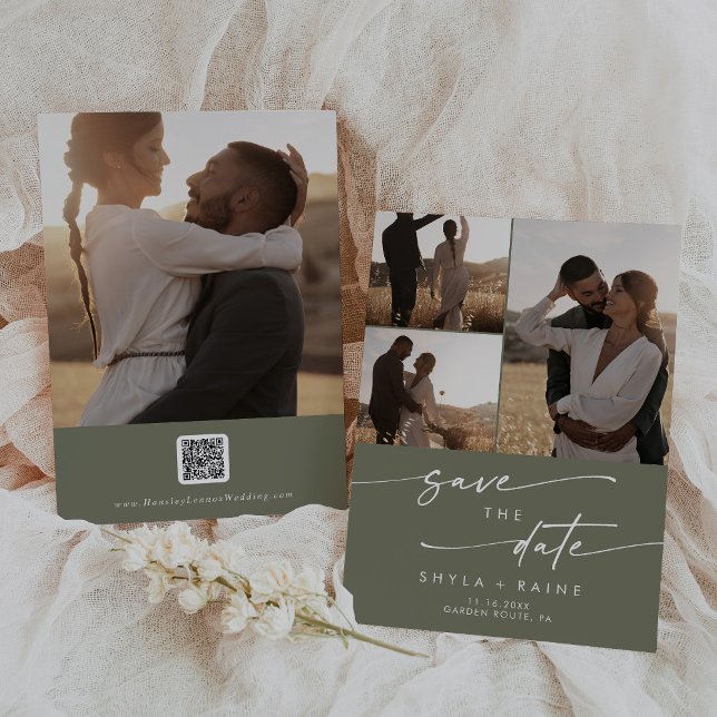 Boho Chic Olive Green Multi Photo QR Code Save The Date (Creator Uploaded)