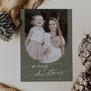 Boho Chic Olive Green Photo Boho Family Christmas Holiday Card