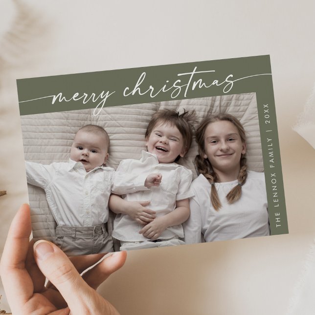 Boho Chic Olive Green Photo Fun Family Christmas Holiday Card (Creator Uploaded)