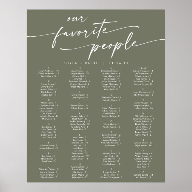 Boho Chic Olive Green Printable Seating Chart (Front)