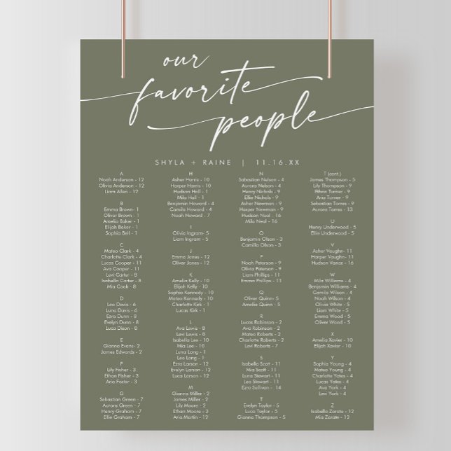 Boho Chic Olive Green Printable Seating Chart (Creator Uploaded)