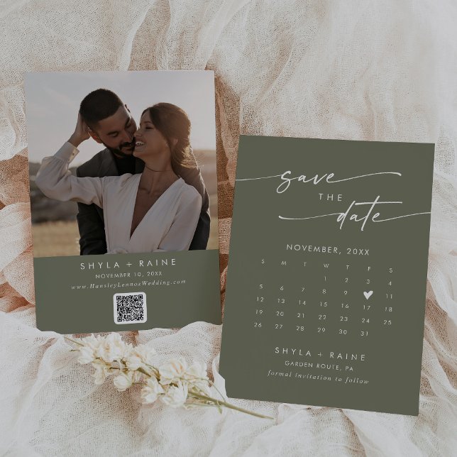 Boho Chic Olive Green QR Code Photo Calendar Save The Date (Creator Uploaded)