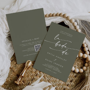 Boho Chic Olive Green QR Code Spanish Wedding Invitation