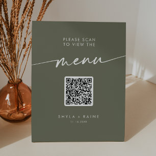 Boho Chic Olive Green QR Code Wedding Menu Pedestal Sign