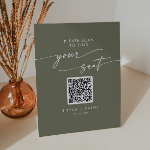 Boho Chic Olive Green Seating Chart QR Code Pedestal Sign