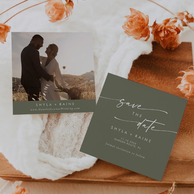 Boho Chic Olive Green Square Photo Back Save The Date (Creator Uploaded)