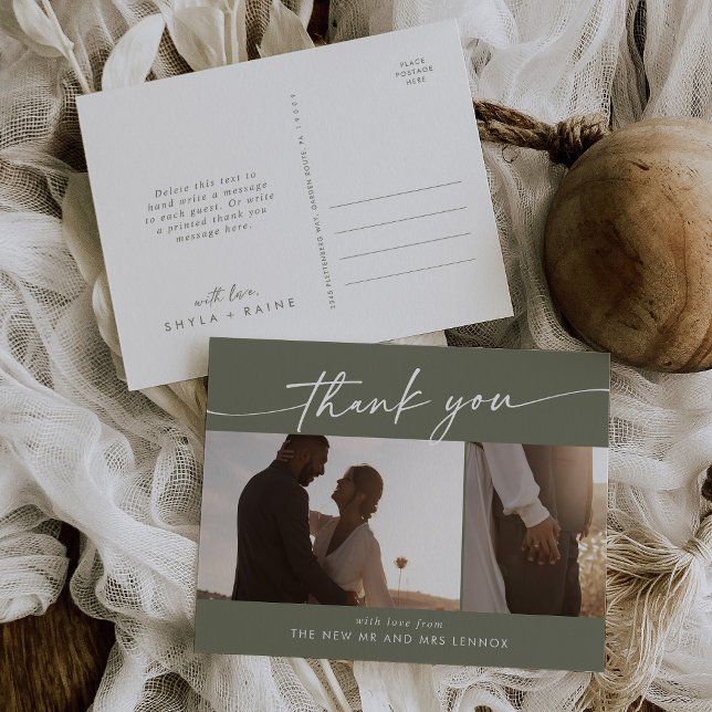 Boho Chic Olive Green Wedding Photo Thank You Postcard (Creator Uploaded)