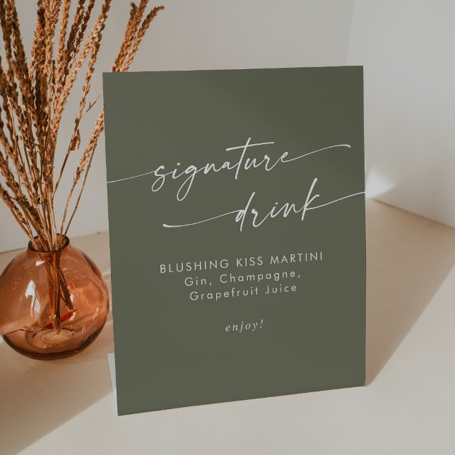 Boho Chic Olive Green Wedding Signature Drink Pedestal Sign (Creator Uploaded)