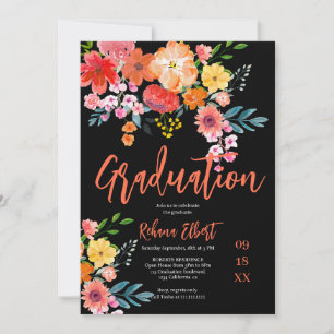 Boho Chic Orange Floral Graduation Photo  Invitation
