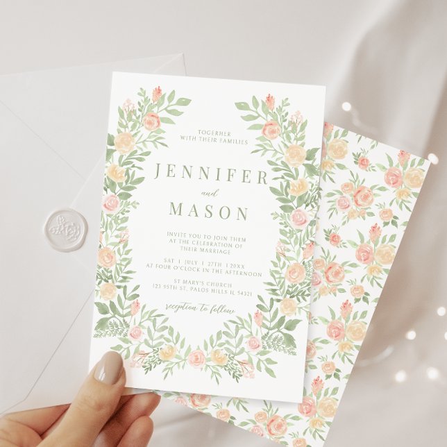 Boho chic orange floral greenery wreath wedding invitation (Creator Uploaded)