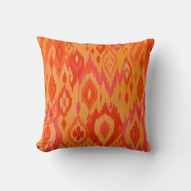 Boho Chic orange saffron red Ikat Tribal Tapestry Cushion (Front)