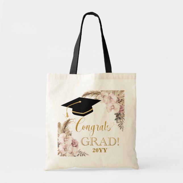 Boho Chic Orchid Floral Pampas Grass Graduation Tote Bag (Front)