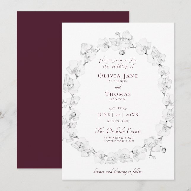 Boho Chic Orchid Floral Wreath Burgundy Wedding Invitation (Front/Back)