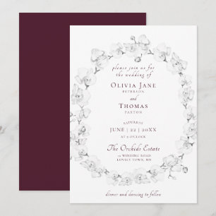 Boho Chic Orchid Floral Wreath Burgundy Wedding Invitation