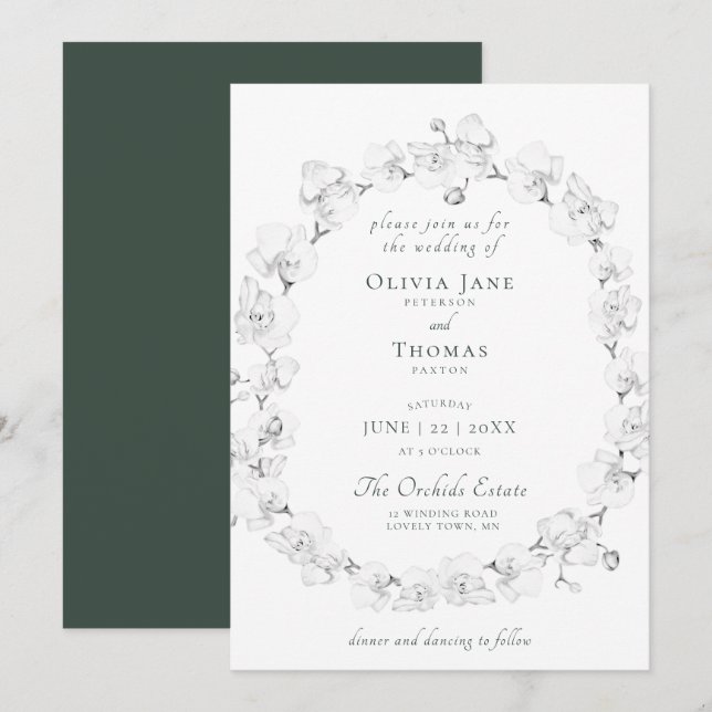 Boho Chic Orchid Floral Wreath Green Art Wedding Invitation (Front/Back)