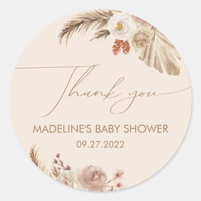 Boho Chic Pampas Grass Baby Shower Thank You Classic Round Sticker (Front)