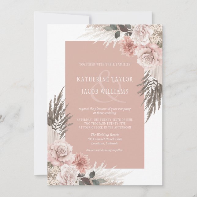 Boho Chic Pampas Grass Dusty Pink Floral Wedding Invitation (Front)