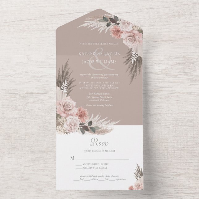 Boho Chic Pampas Grass Earth Tones Floral Wedding All In One Invitation (Inside)