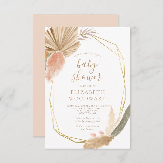Boho Chic Pampas Grass Gold Frame Baby Shower Invitation (Front/Back)