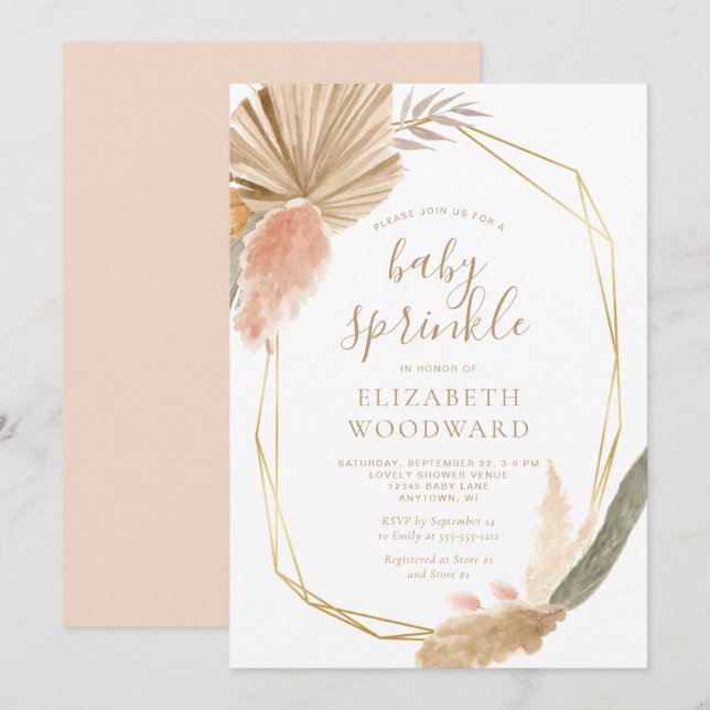 Boho Chic Pampas Grass Gold Frame Baby Sprinkle Invitation (Front/Back)